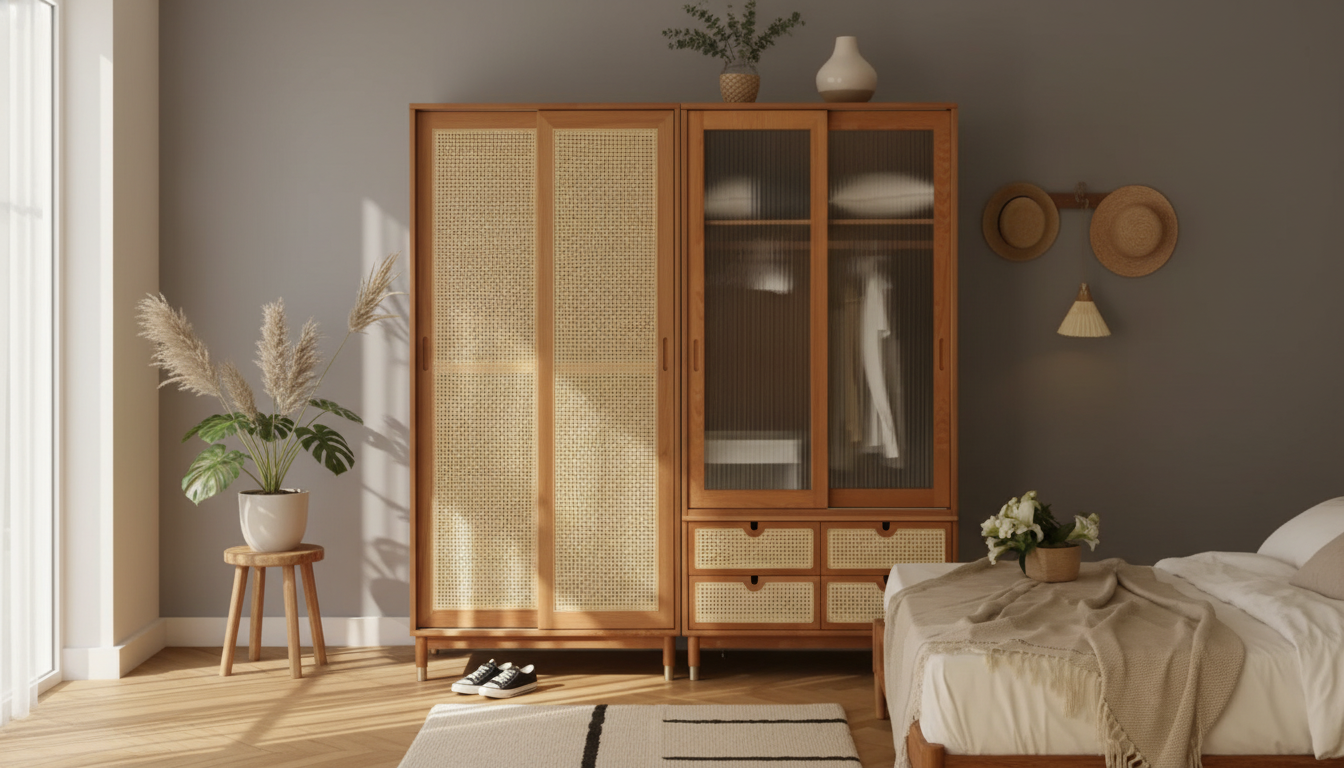 Ash Wood Wardrobe with Artistic Glass Sliding Doors