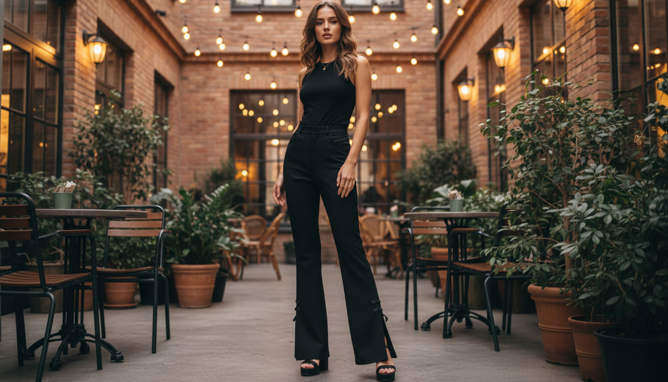 Y2K High-Waist Split Flare Pants with Button Detail