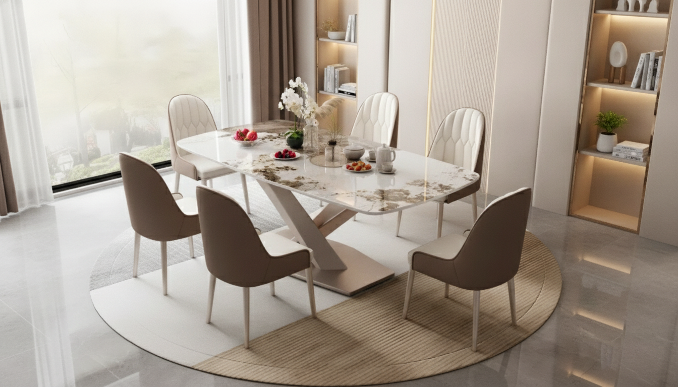 Marble-Effect Oval Dining Table for 8, Modern Chinese