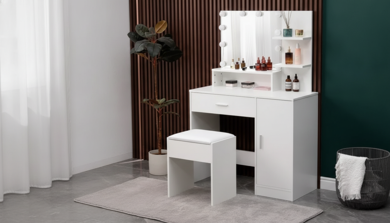 Modern White Lighted Vanity Set with Smart Storage