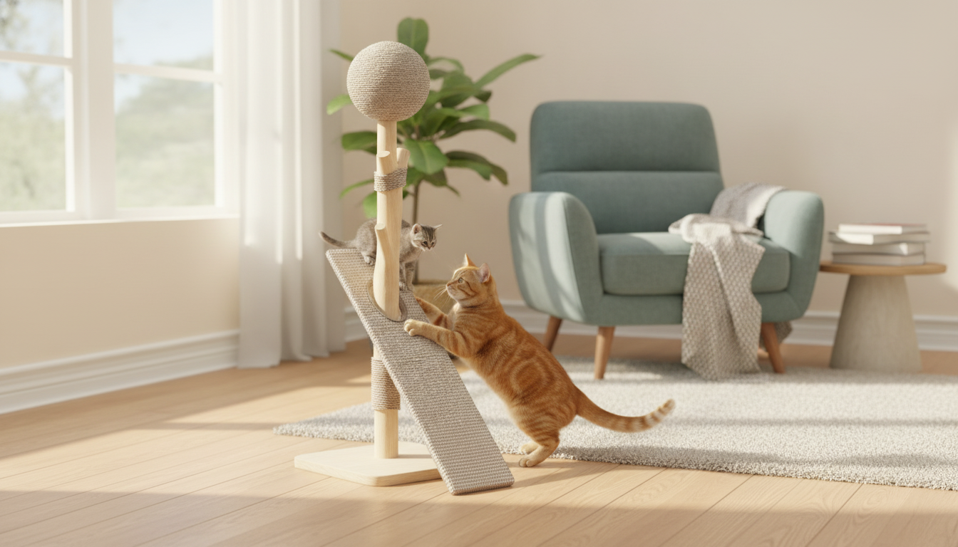 Solid Wood Cat Scratching Post with Sisal Ball for Play