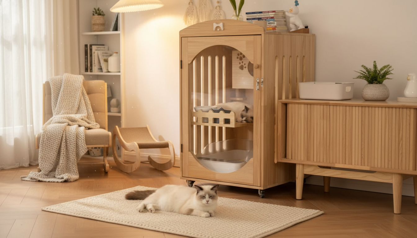 Two-Level Solid Wood Cat Villa with Hidden Litter Box
