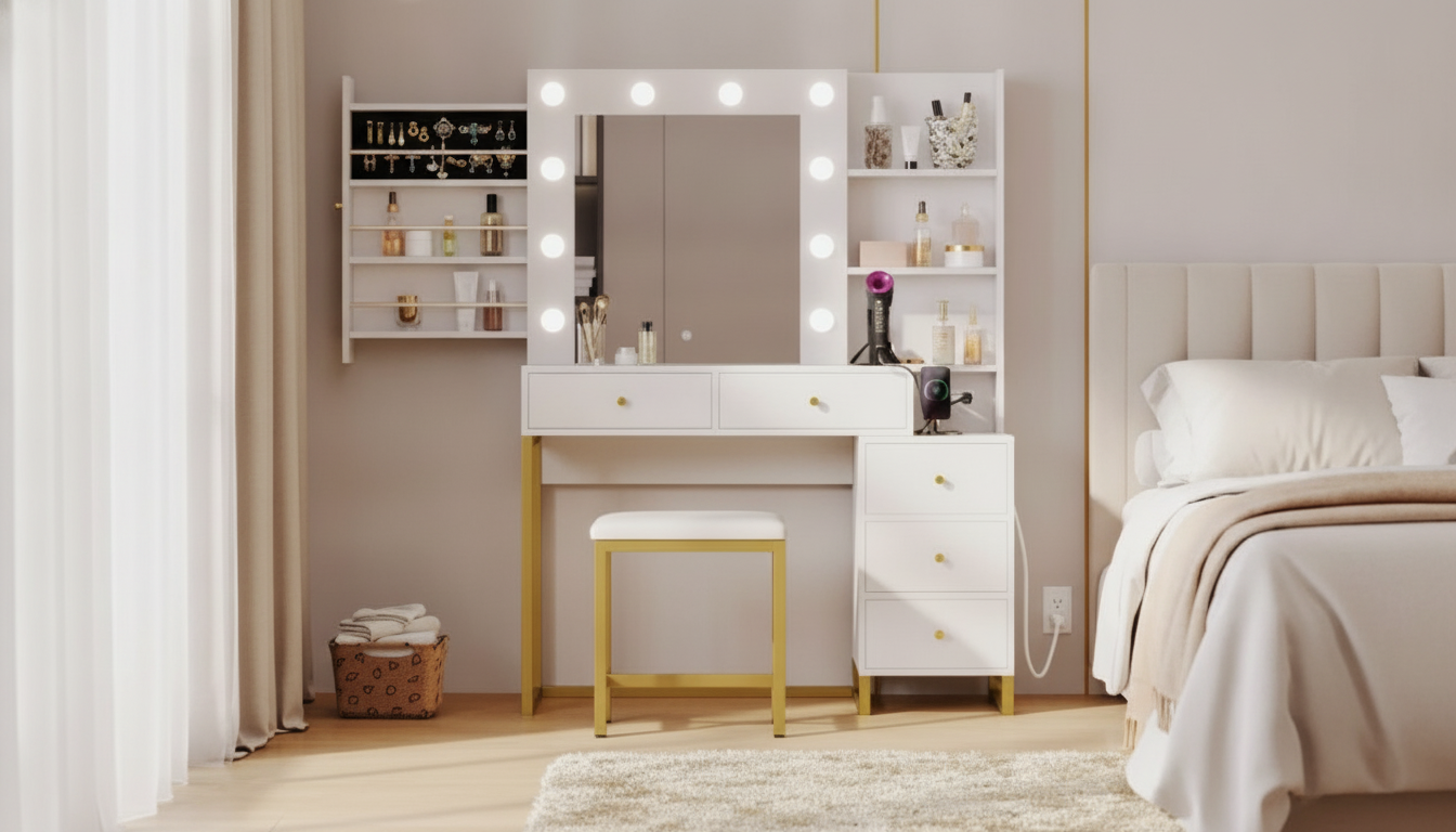 White & Gold Vanity Set with LED Mirror and Storage