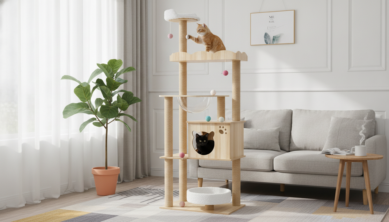 Wooden Multi-Level Cat Tower with Play Balls for Daily Play