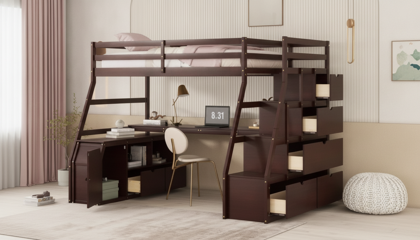 Twin Loft Bed with Desk: 7 Drawers, 2 Shelves