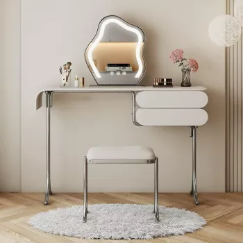 Minimalist 2-Drawer Dresser Vanity Set: Mirror + Stool